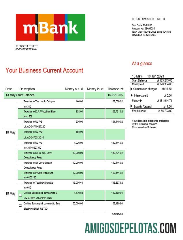 Baixável MBank Company Statement modelo Word e PDF